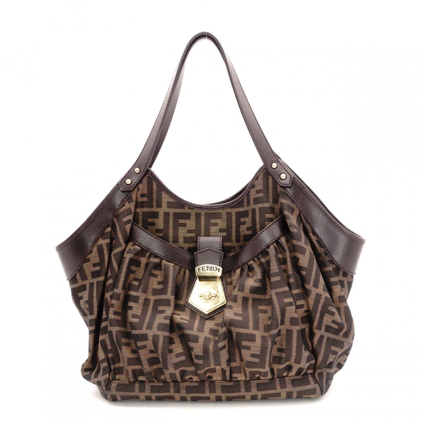 FENDI Zucca Shoulder Bag, Canvas and Leather, Brown Tote Bag