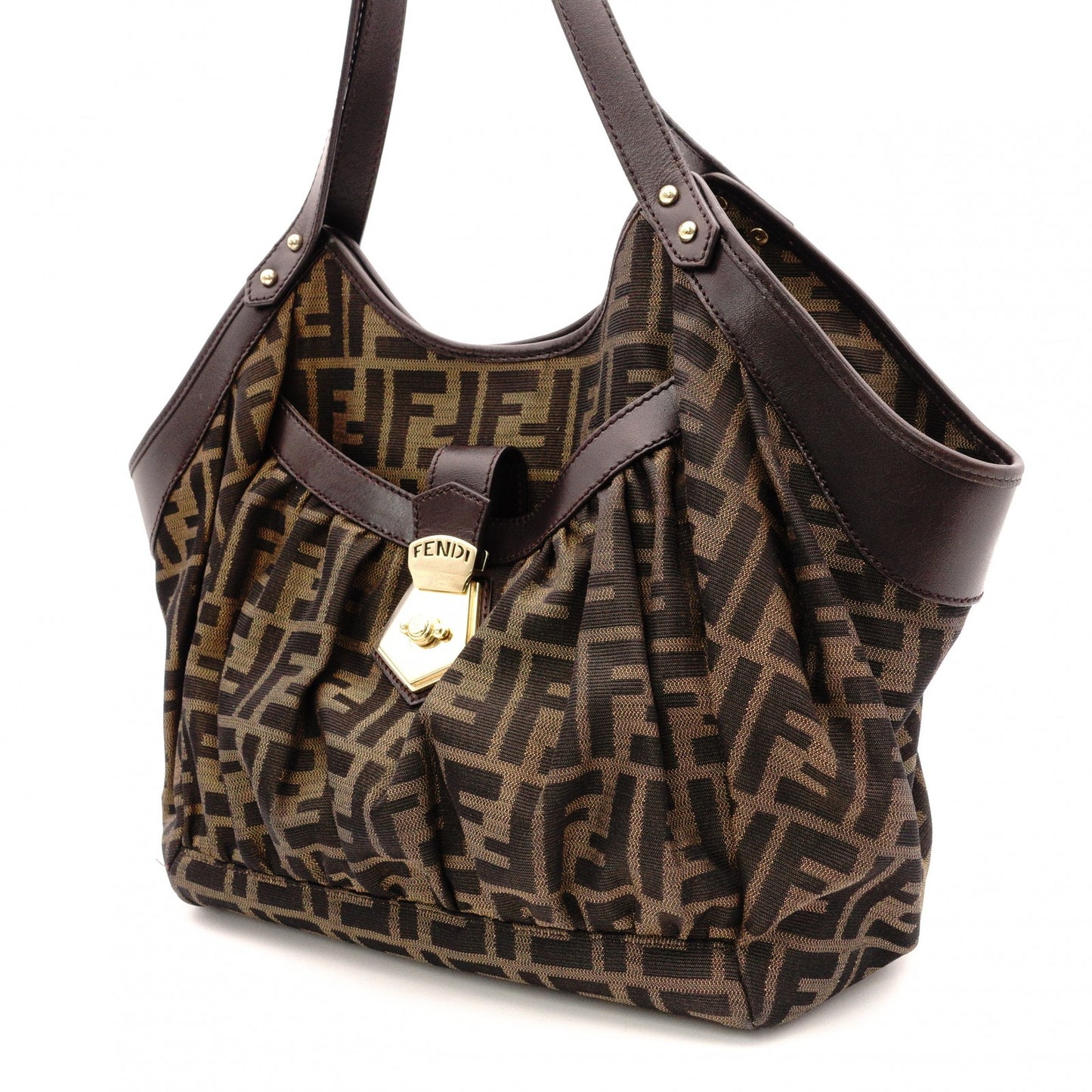 FENDI Zucca Shoulder Bag, Canvas and Leather, Brown Tote Bag