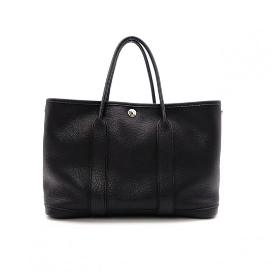 HERMES Garden Party TPM Tote Bag, Leather, Black, Silver Hardware, □K Stamped