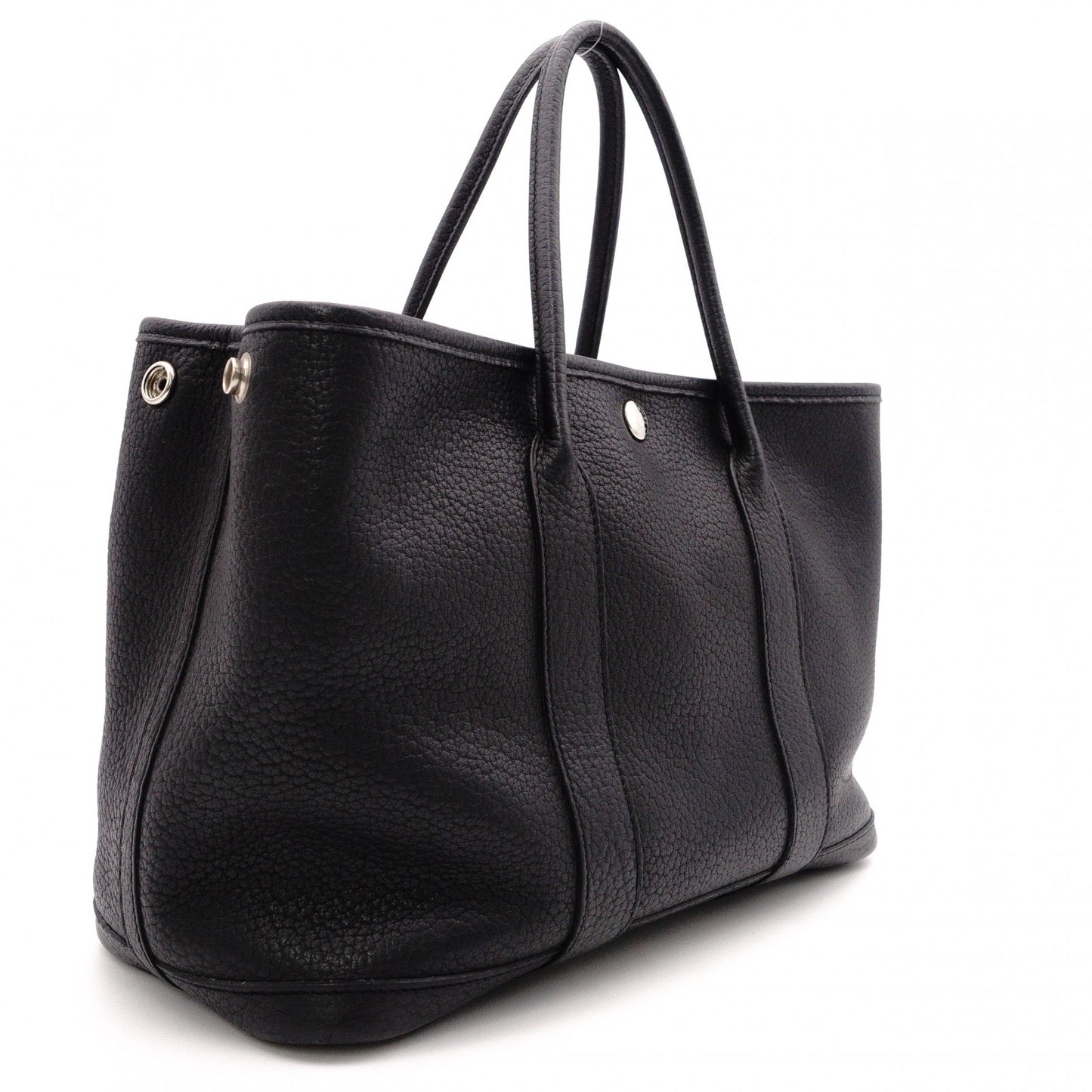 HERMES Garden Party TPM Tote Bag, Leather, Black, Silver Hardware, □K Stamped