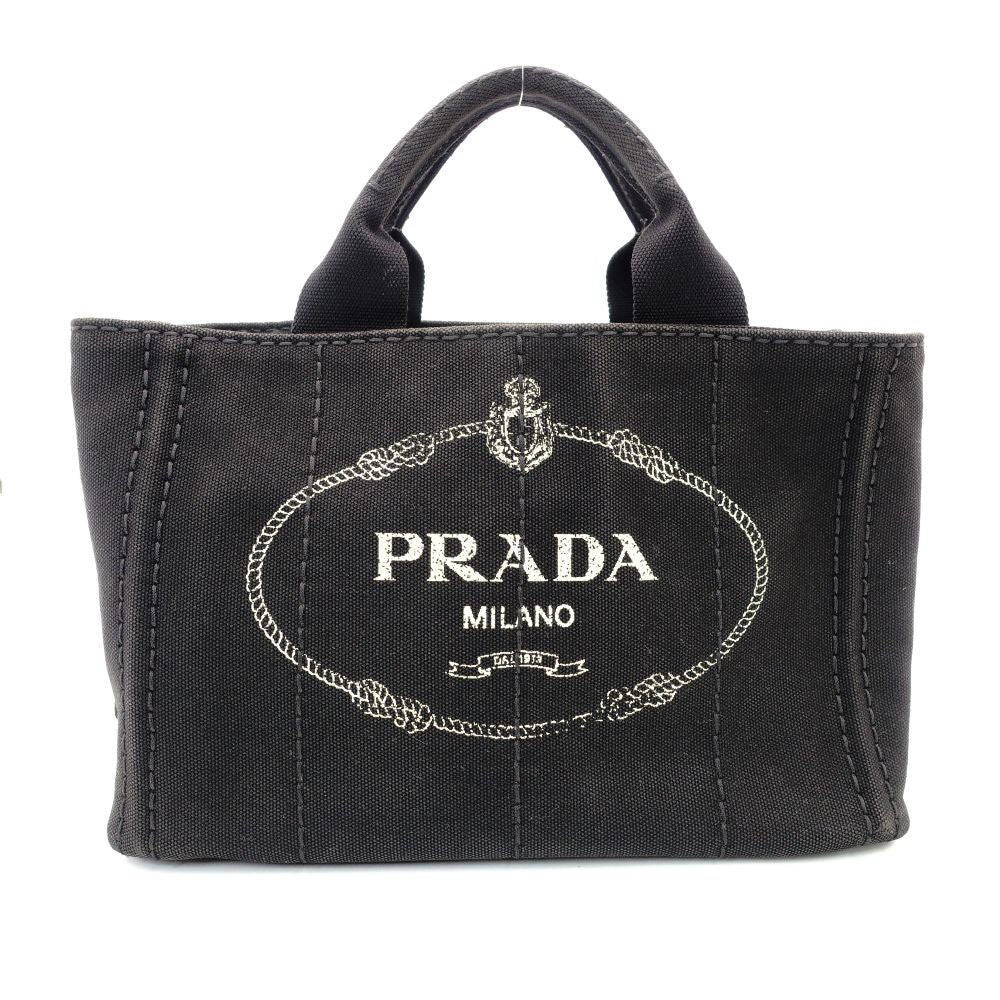PRADA Canapa Mini Black Canvas Handbag Black Tote Logo Gold Hardware 7-10-728