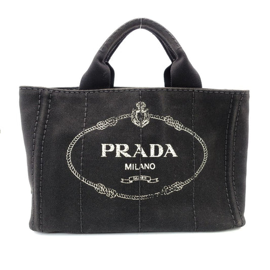 PRADA Canapa Mini Black Canvas Handbag Black Tote Logo Gold Hardware 7-10-728