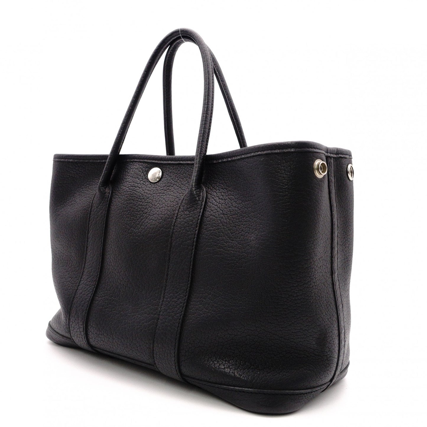 HERMES Garden Party TPM Tote Bag, Leather, Black, Silver Hardware, □K Stamped