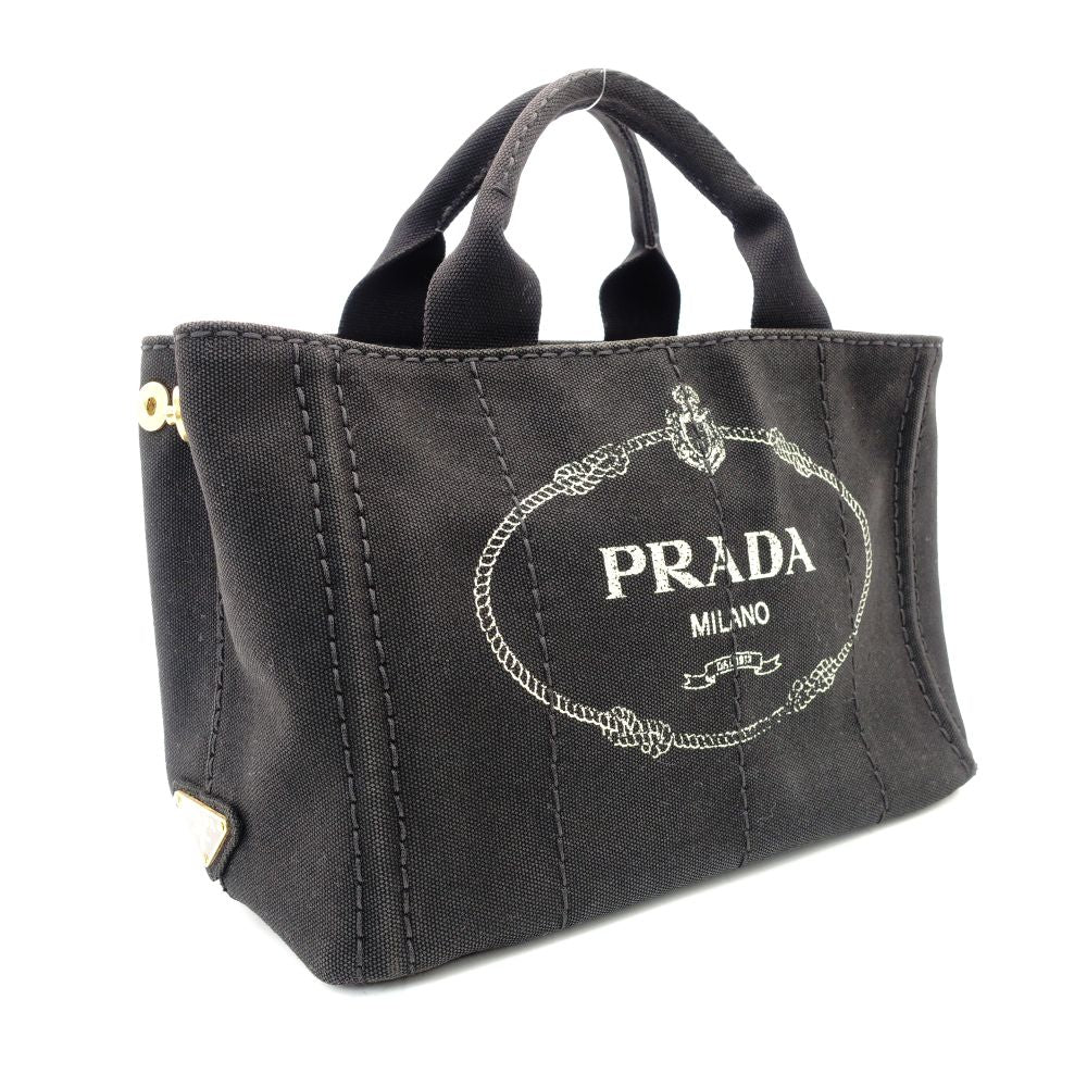 PRADA Canapa Mini Black Canvas Handbag Black Tote Logo Gold Hardware 7-10-728