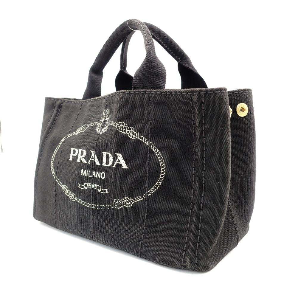 PRADA Canapa Mini Black Canvas Handbag Black Tote Logo Gold Hardware 7-10-728