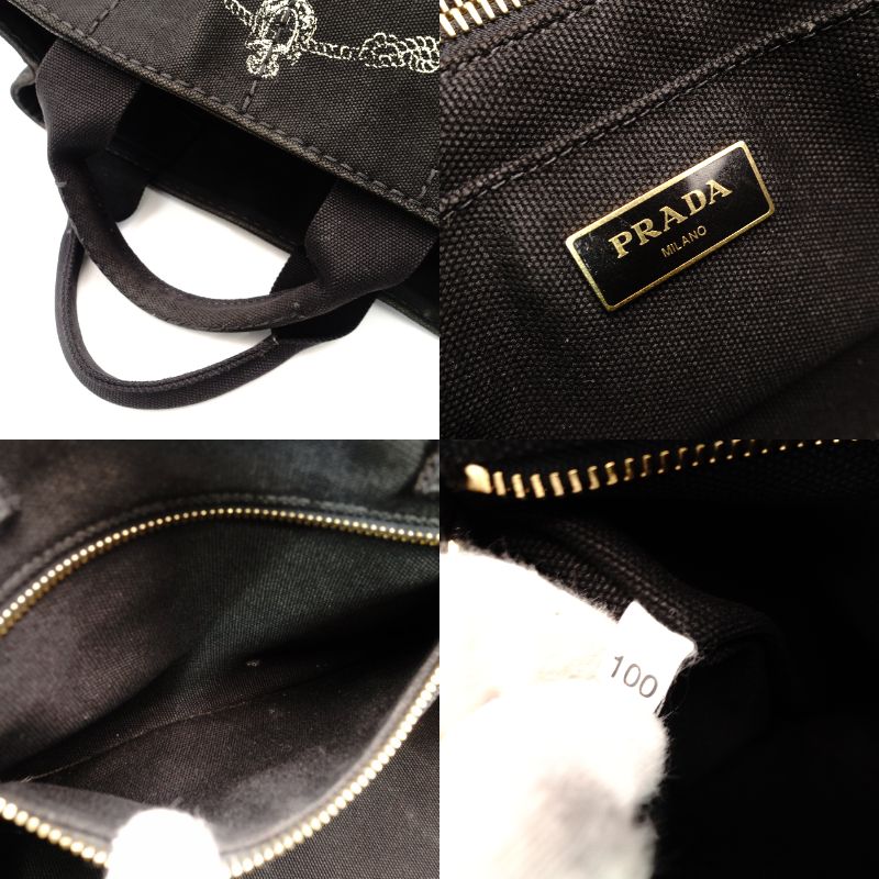 PRADA Canapa Mini Black Canvas Handbag Black Tote Logo Gold Hardware 7-10-728