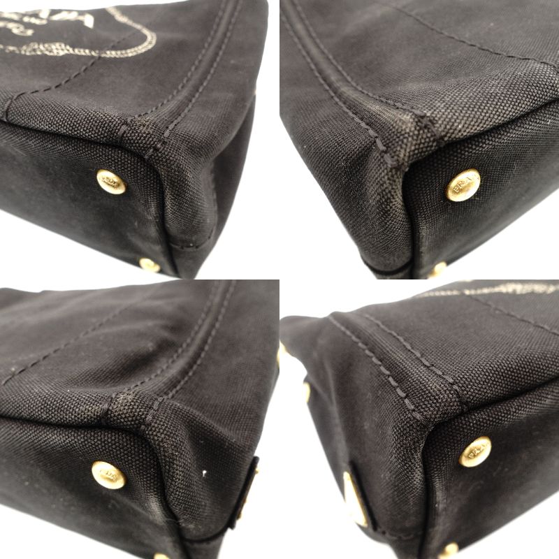 PRADA Canapa Mini Black Canvas Handbag Black Tote Logo Gold Hardware 7-10-728