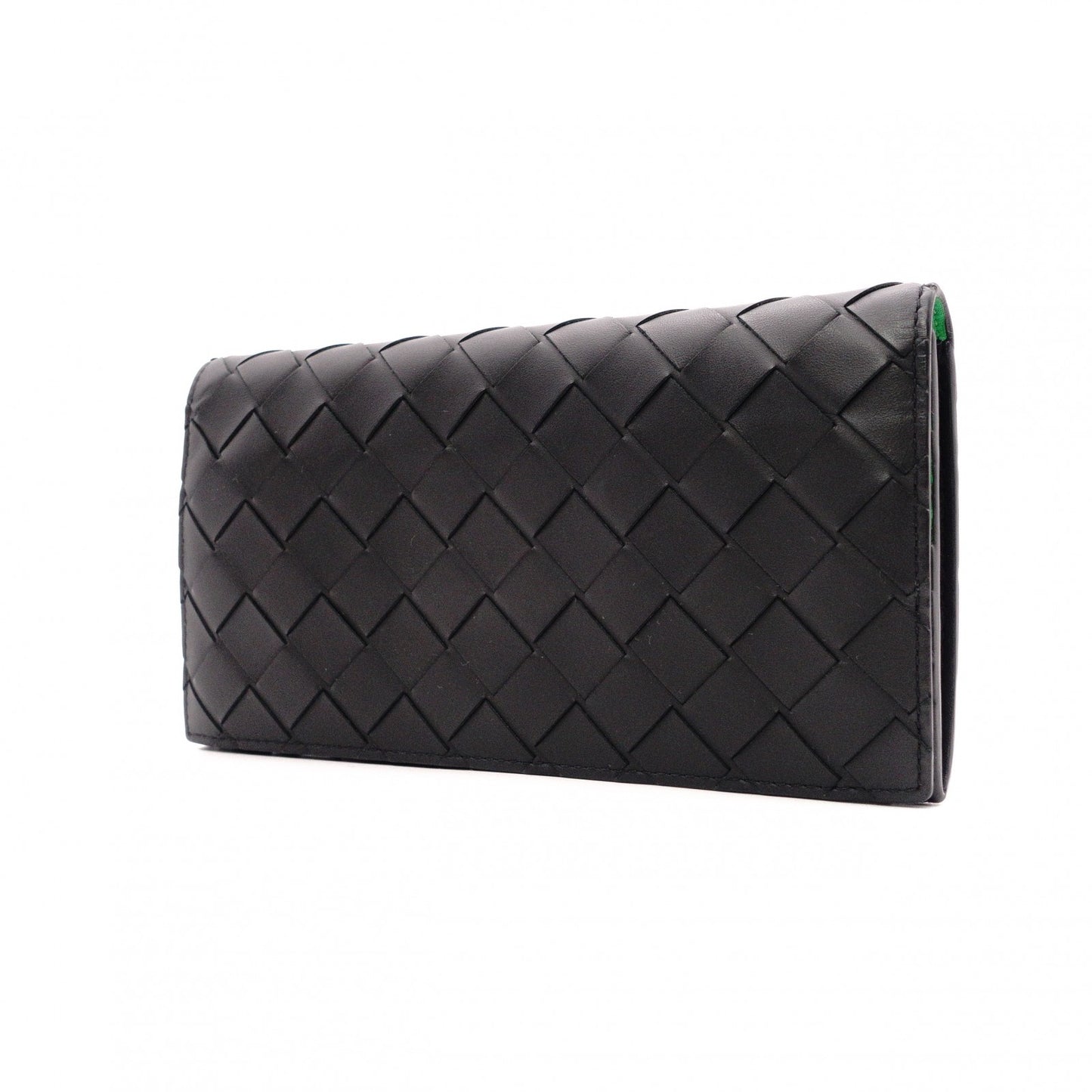 BOTTEGA VENETA Intrecciato Long Wallet, Leather, Black/Green, Men's