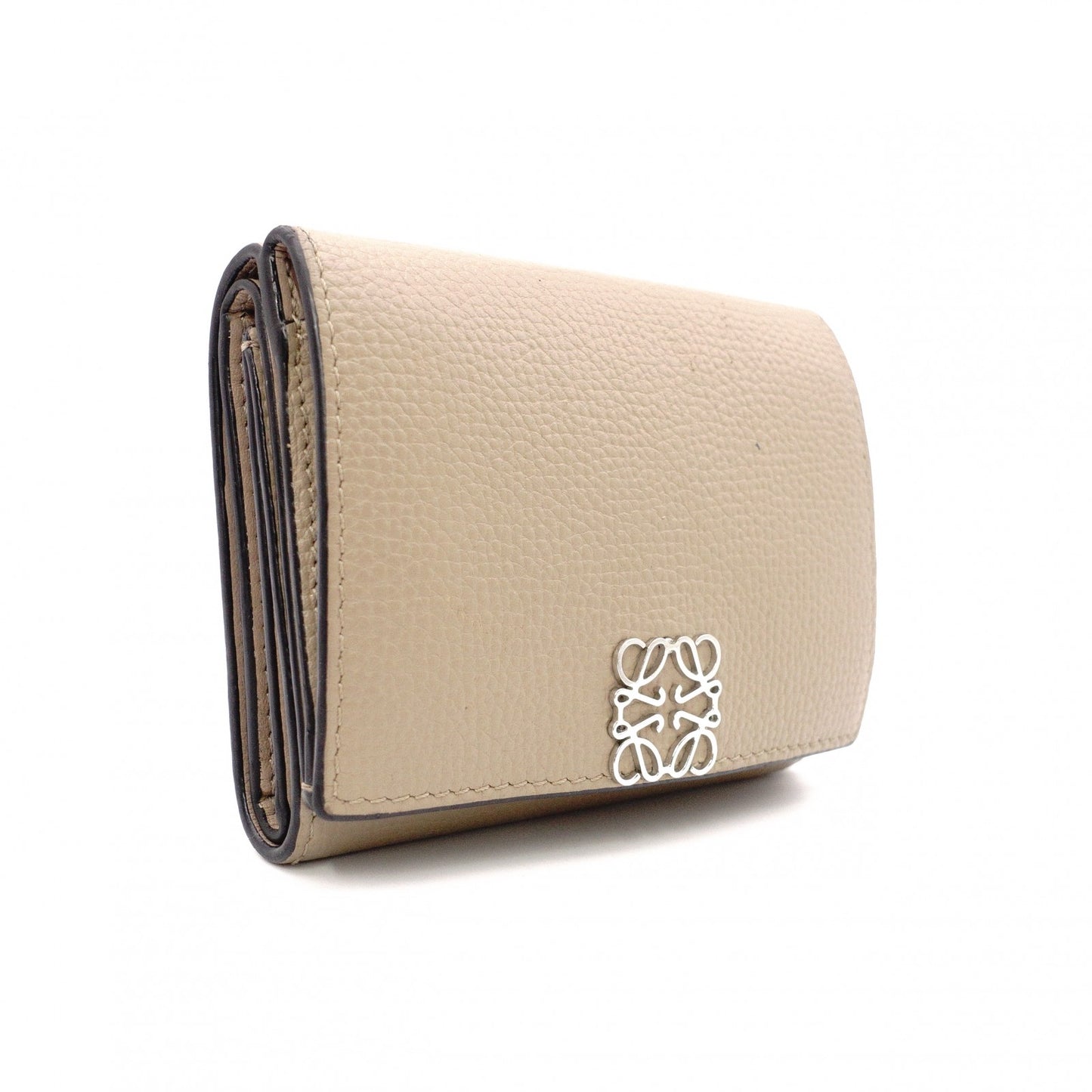 LOEWE Anagram Compact Wallet, Tri-fold, Leather, Beige, Women's