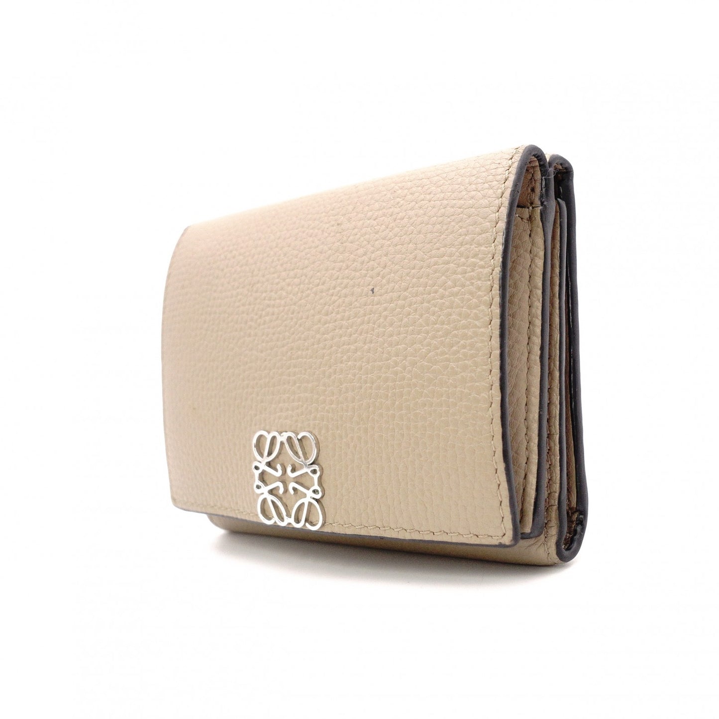 LOEWE Anagram Compact Wallet, Tri-fold, Leather, Beige, Women's