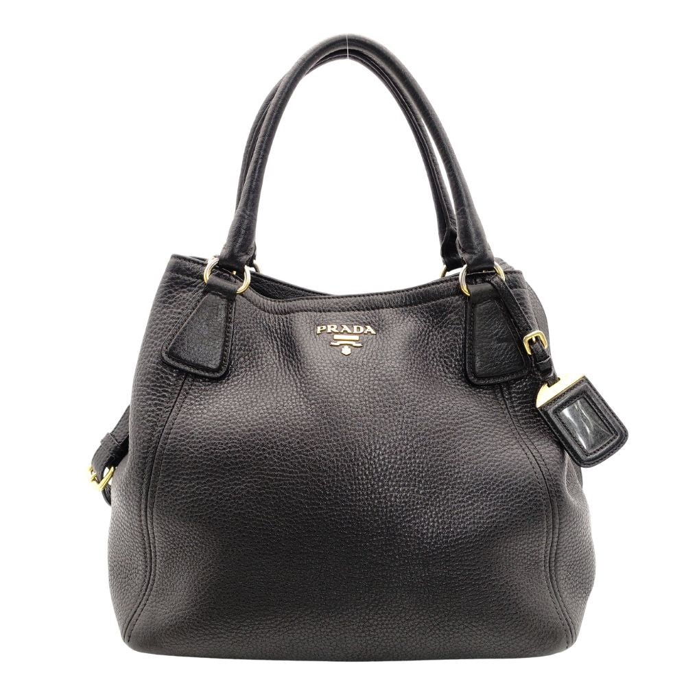 PRADA Vittorino Dino Tote Bag Black Leather Black Gold Hardware 2-Way Shoulder 7-10-327