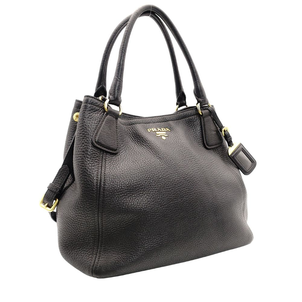 PRADA Vittorino Dino Tote Bag Black Leather Black Gold Hardware 2-Way Shoulder 7-10-327