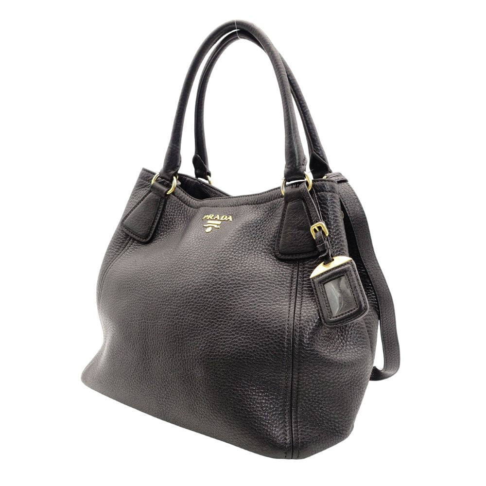 PRADA Vittorino Dino Tote Bag Black Leather Black Gold Hardware 2-Way Shoulder 7-10-327