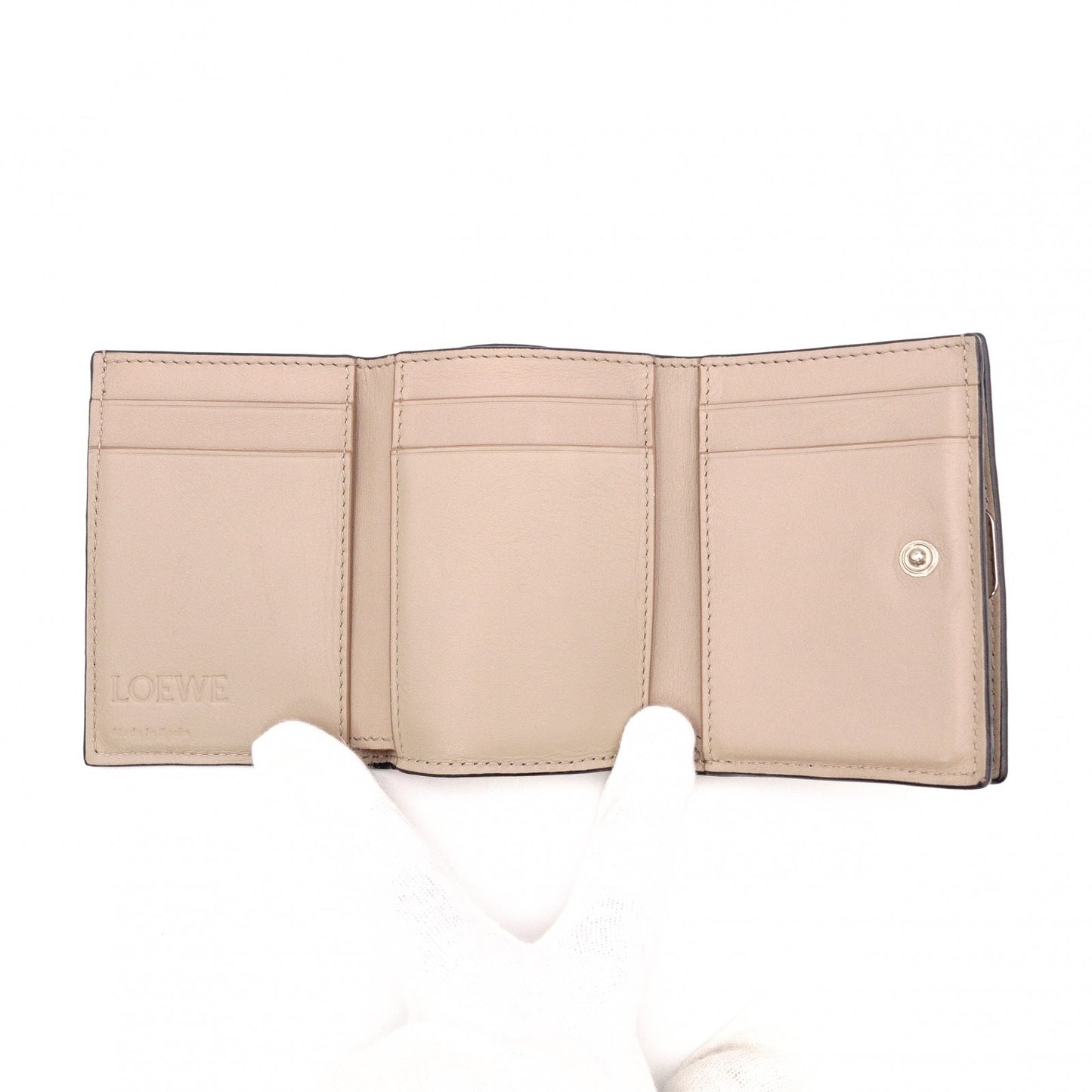 LOEWE Anagram Compact Wallet, Tri-fold, Leather, Beige, Women's