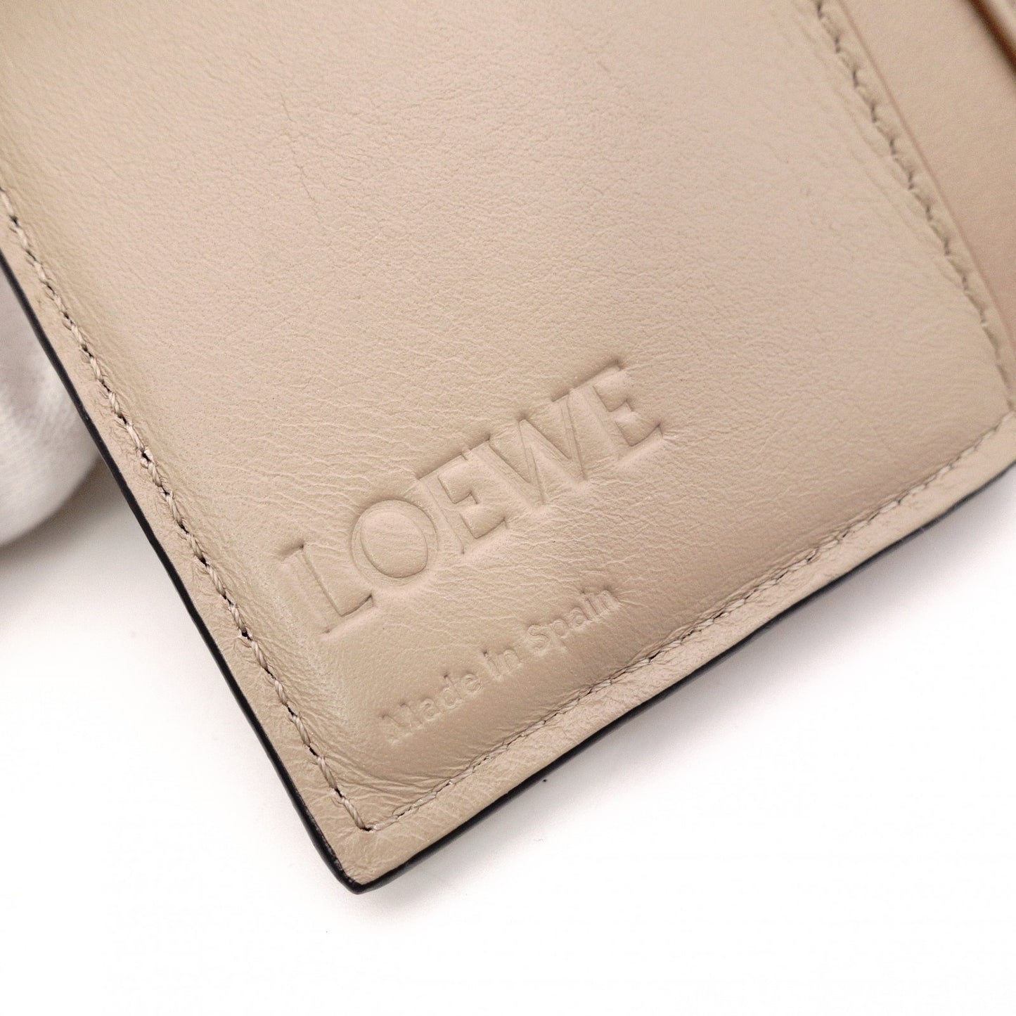 LOEWE Anagram Compact Wallet, Tri-fold, Leather, Beige, Women's