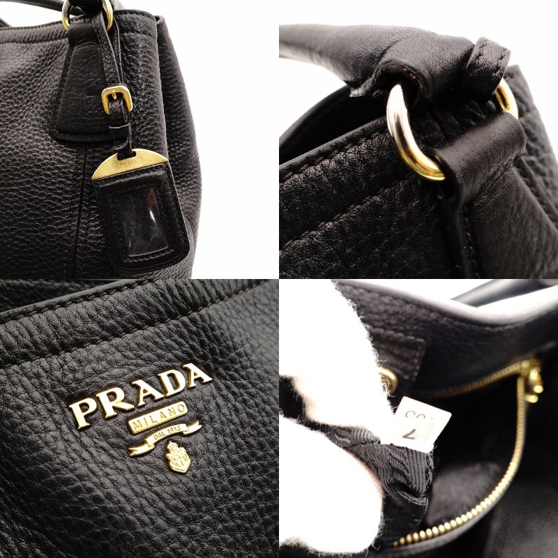 PRADA Vittorino Dino Tote Bag Black Leather Black Gold Hardware 2-Way Shoulder 7-10-327