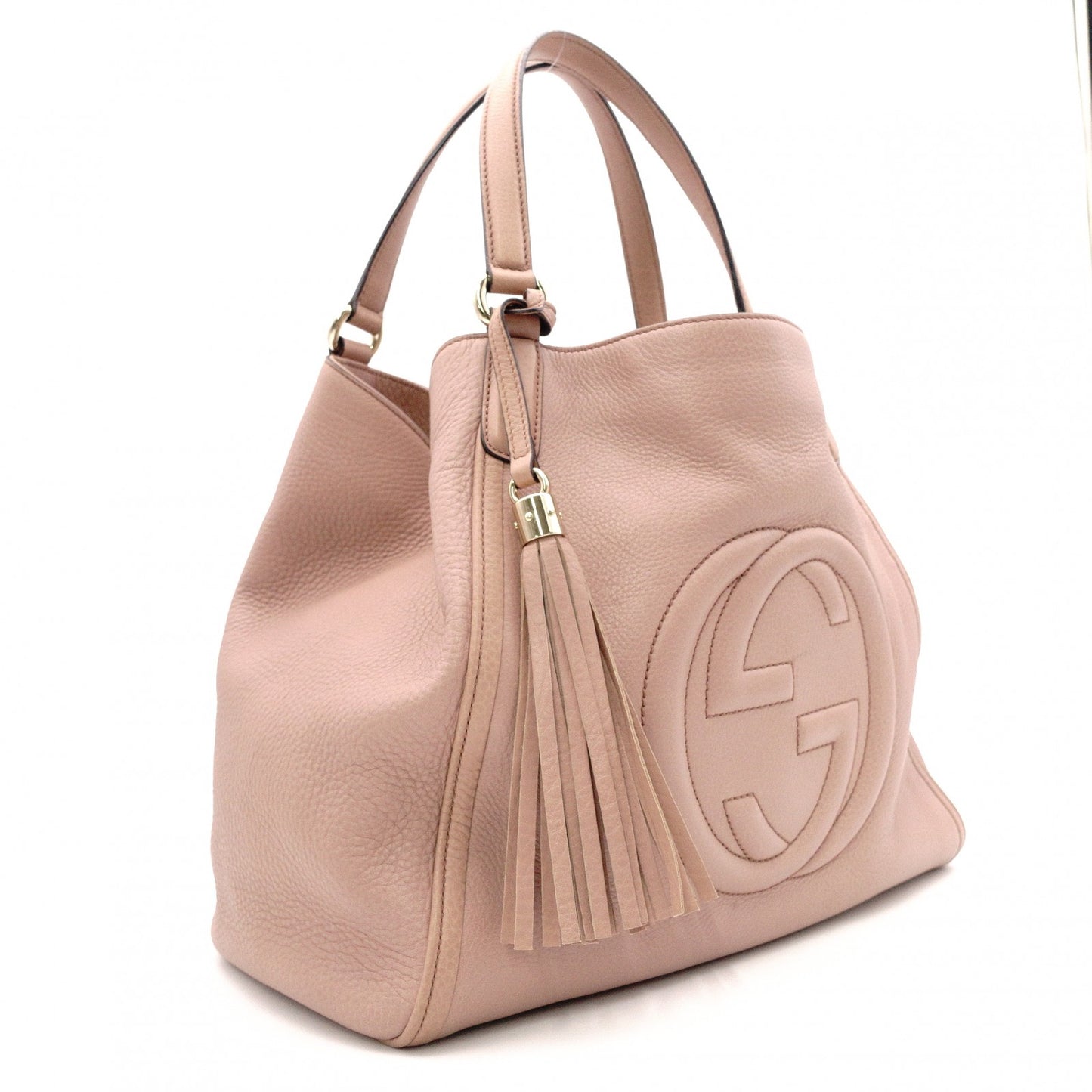 GUCCI Soho Shoulder Bag, Leather, Pink Beige, Fringe, GG Logo
