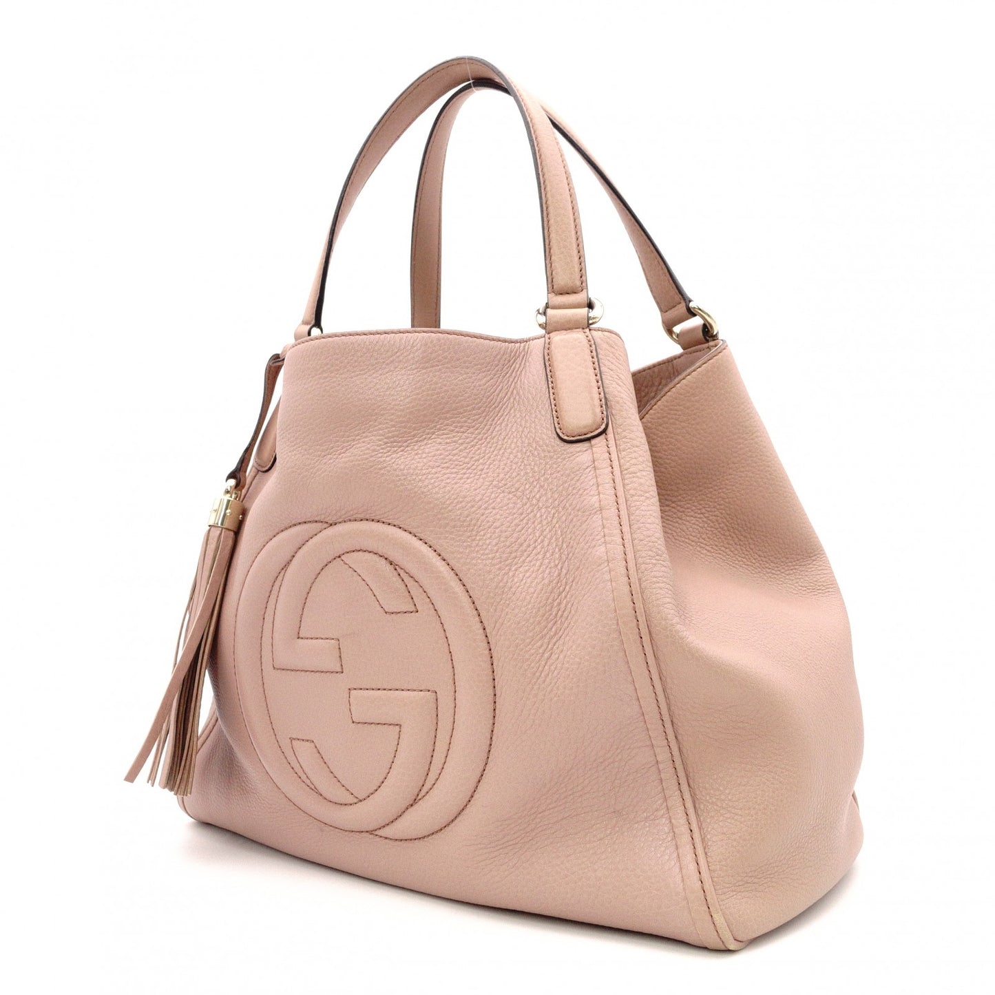 GUCCI Soho Shoulder Bag, Leather, Pink Beige, Fringe, GG Logo
