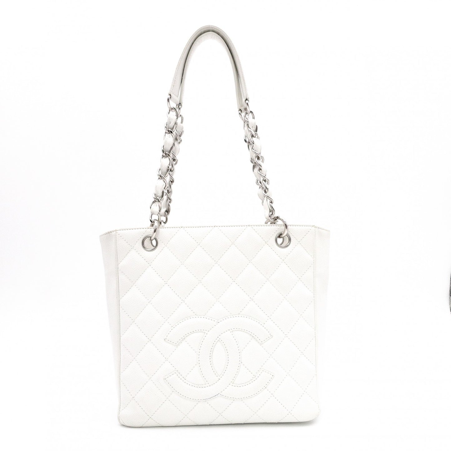 CHANEL Caviar Skin PST Chain Shoulder Bag, Leather, White, Silver Hardware