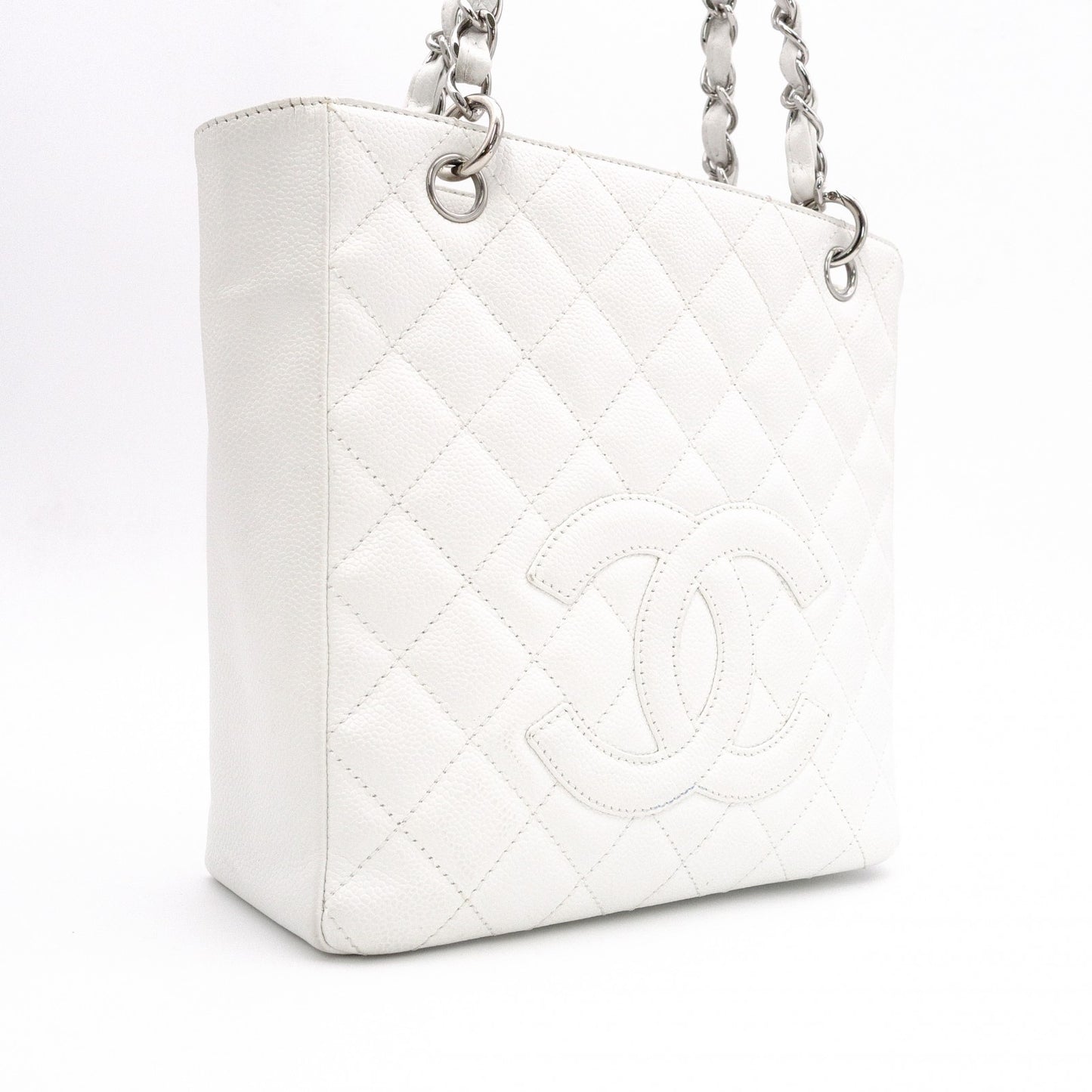CHANEL Caviar Skin PST Chain Shoulder Bag, Leather, White, Silver Hardware