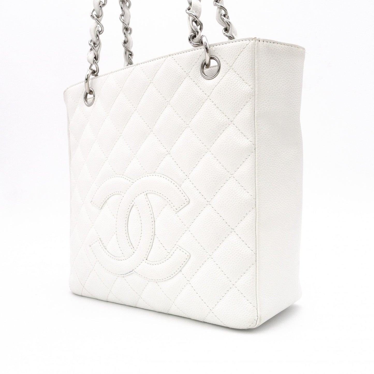 CHANEL Caviar Skin PST Chain Shoulder Bag, Leather, White, Silver Hardware