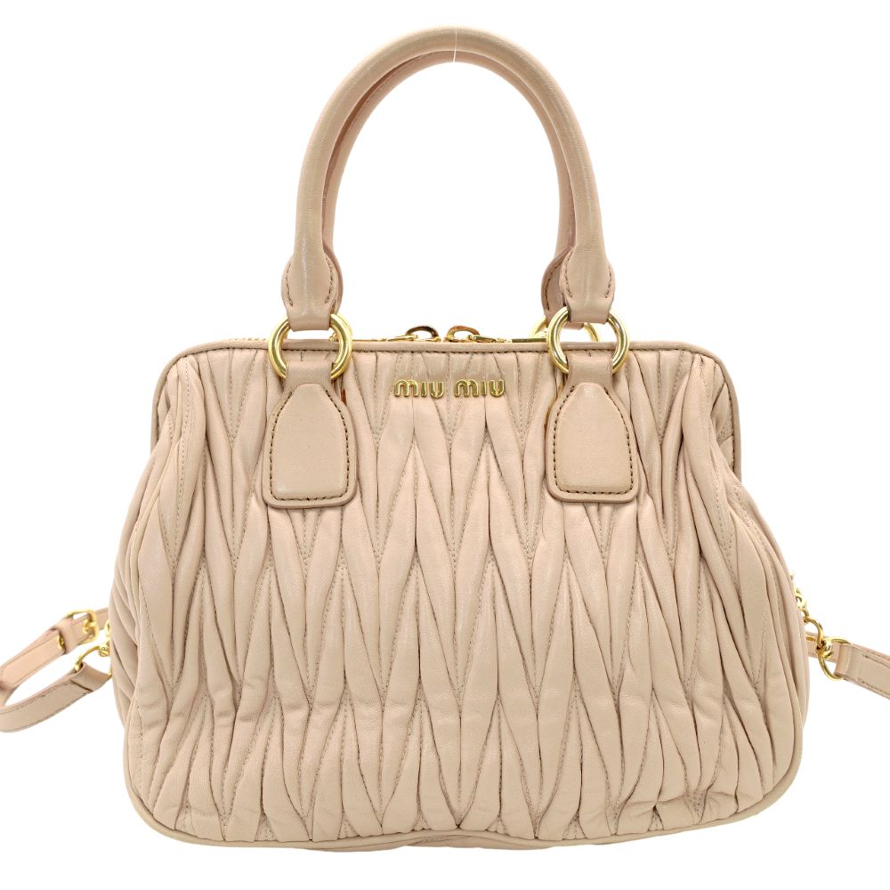 MIU MIU Matelassé Handbag Pink Beige 2-Way Gold Hardware Leather Crossbody 7-10-966