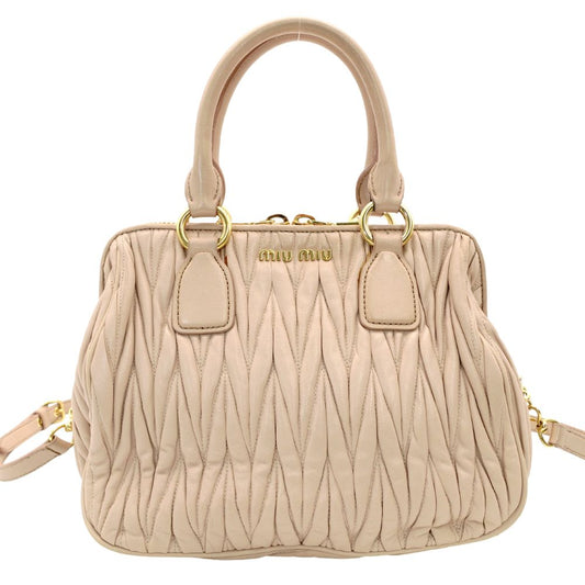 MIU MIU Matelassé Handbag Pink Beige 2-Way Gold Hardware Leather Crossbody 7-10-966
