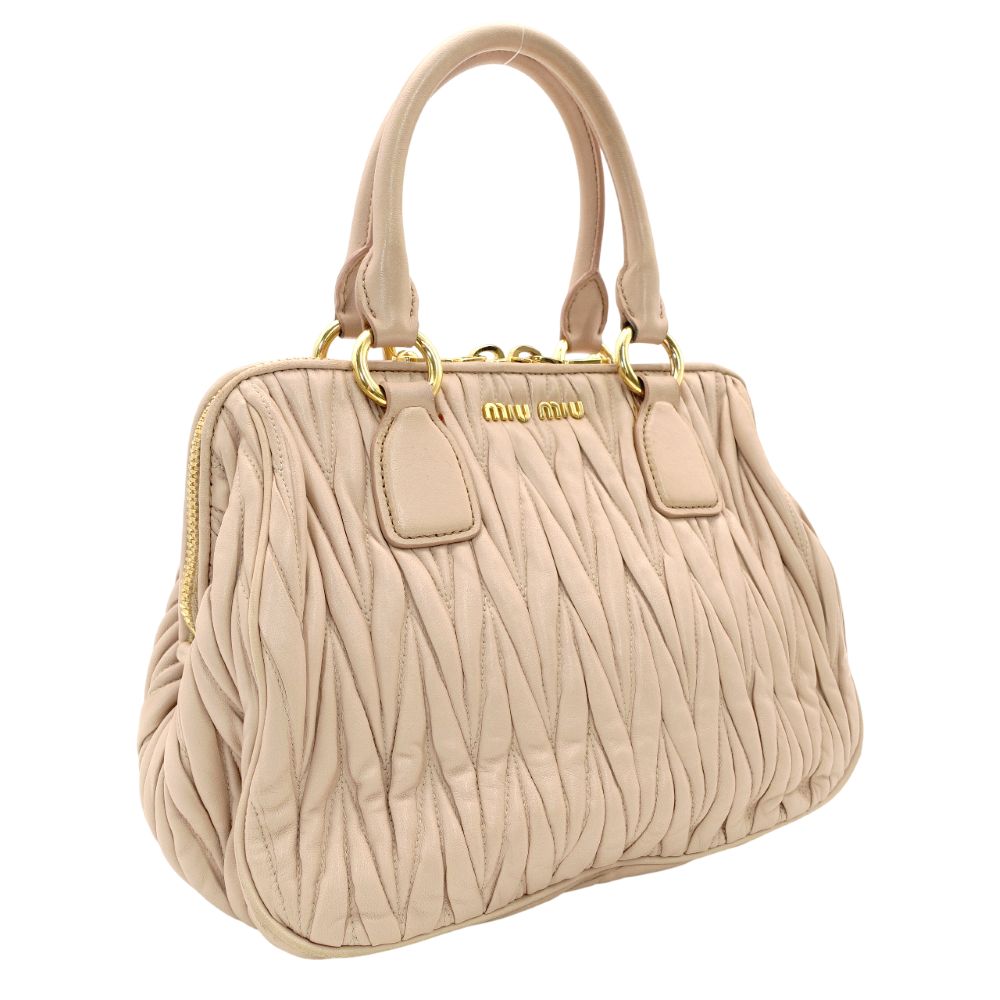 MIU MIU Matelassé Handbag Pink Beige 2-Way Gold Hardware Leather Crossbody 7-10-966