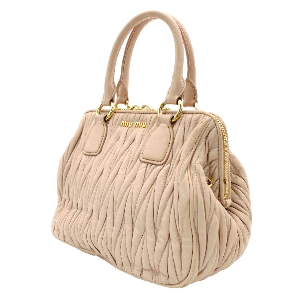 MIU MIU Matelassé Handbag Pink Beige 2-Way Gold Hardware Leather Crossbody 7-10-966