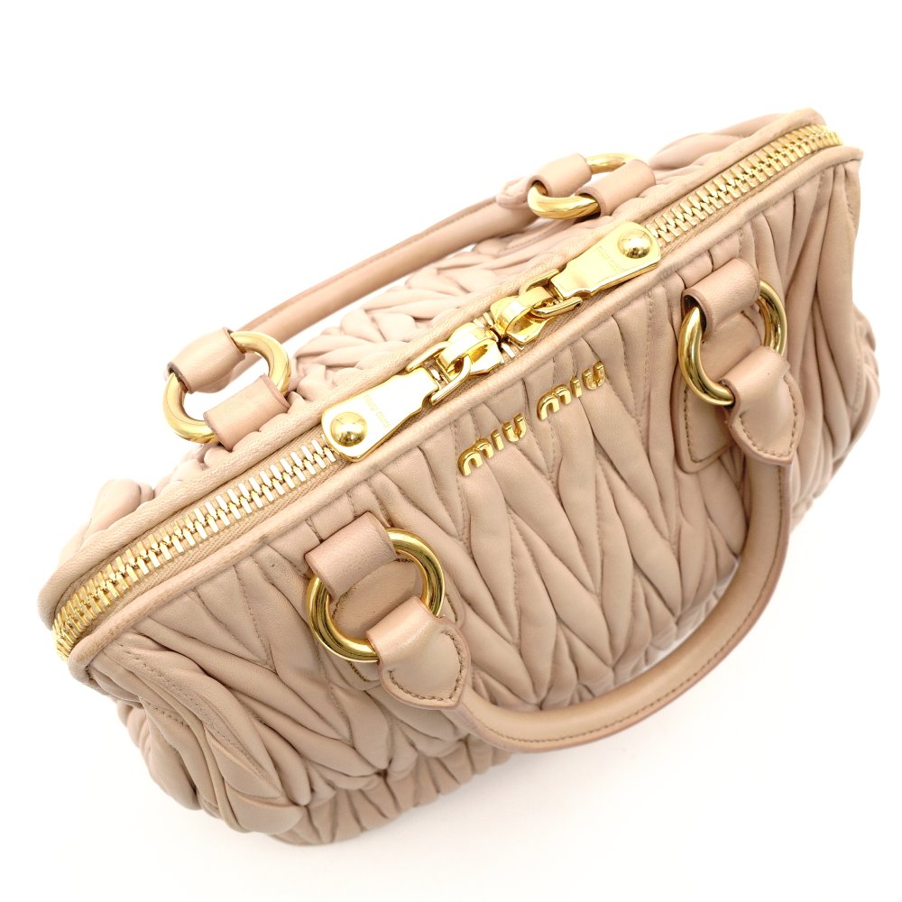 MIU MIU Matelassé Handbag Pink Beige 2-Way Gold Hardware Leather Crossbody 7-10-966