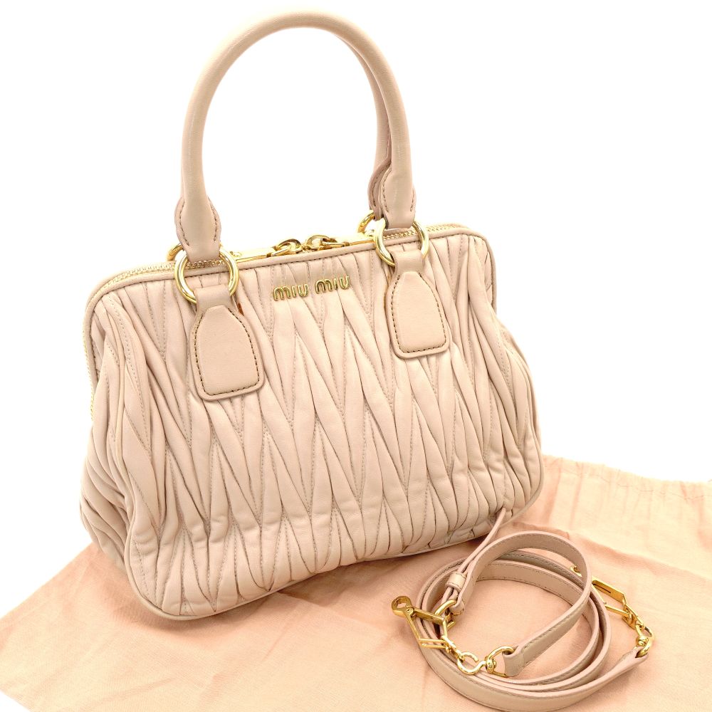 MIU MIU Matelassé Handbag Pink Beige 2-Way Gold Hardware Leather Crossbody 7-10-966