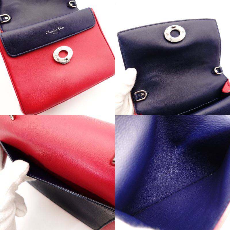 Christian Dior Be Dior Handbag Red × Navy 2-Way Leather Silver Hardware 7-10-667