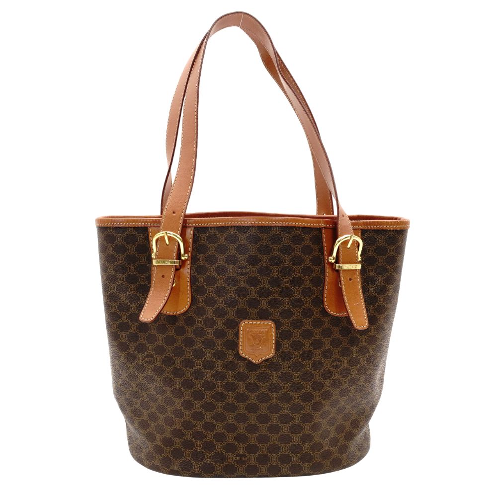 Celine Macadam Handbag Brown PVC Leather Tote Shoulder Vintage 7-10-869