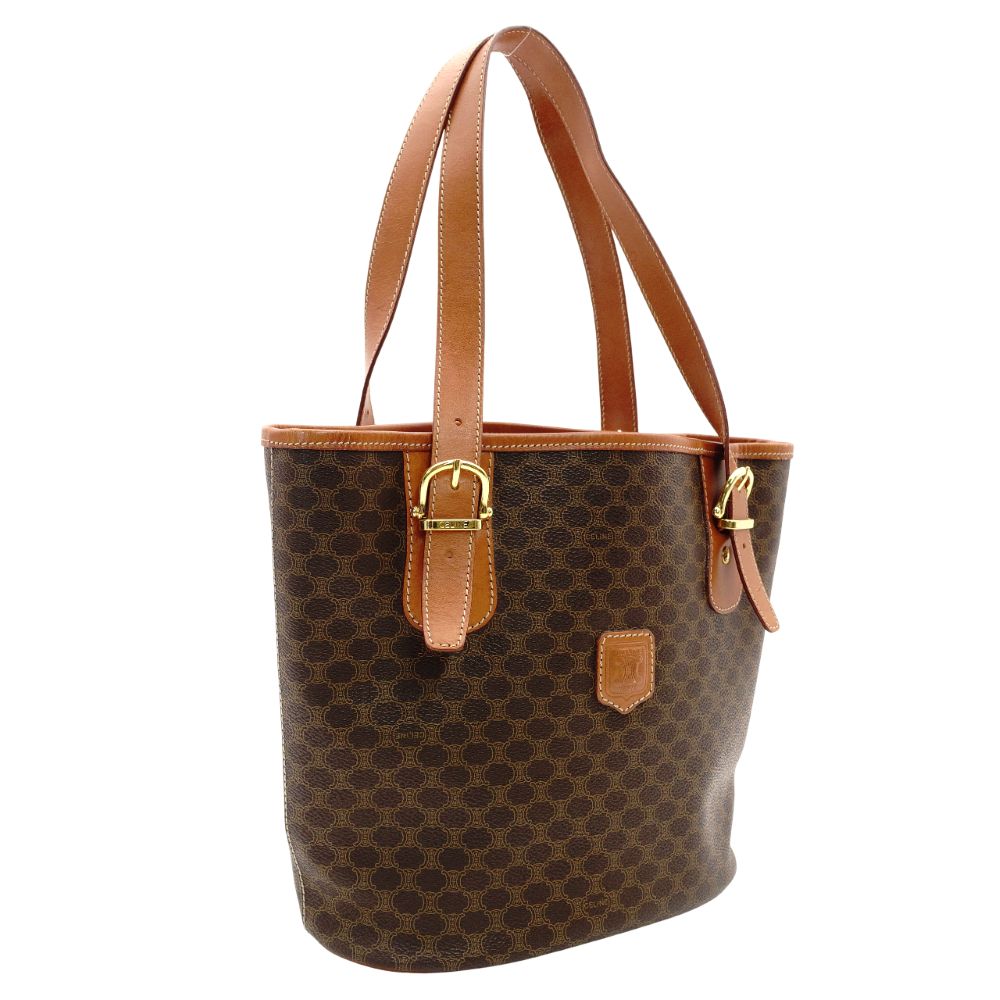 Celine Macadam Handbag Brown PVC Leather Tote Shoulder Vintage 7-10-869