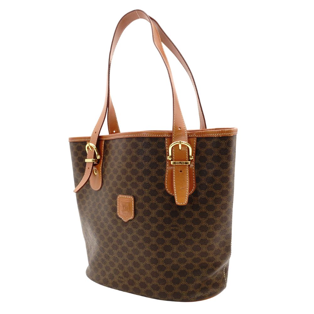 Celine Macadam Handbag Brown PVC Leather Tote Shoulder Vintage 7-10-869
