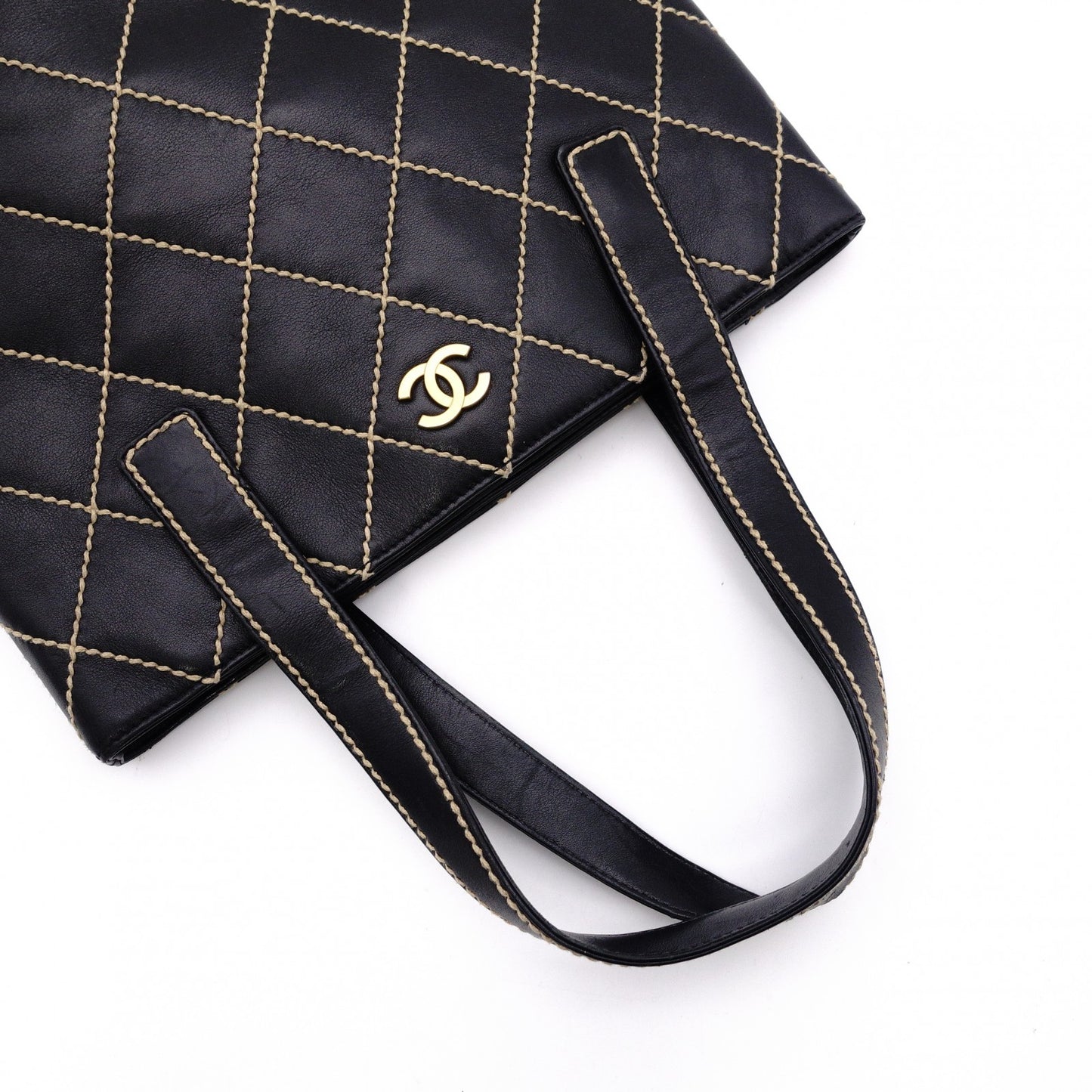 CHANEL Wild stitch Tote Bag leather black USED Women