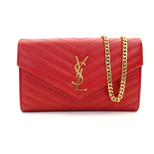 Saint Laurent Cassandra Envelope Chain Shoulder Bag Red Leather Wallet Red Gold Hardware 7-11-095