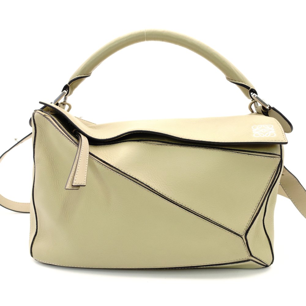 LOEWE Puzzle Bag Medium Handbag Leather Khaki Beige 2-Way Shoulder Bag Silver Hardware 7-8-122