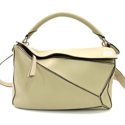 LOEWE Puzzle Bag Medium Handbag Leather Khaki Beige 2-Way Shoulder Bag Silver Hardware 7-8-122