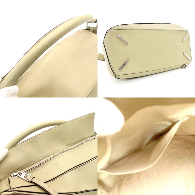 LOEWE Puzzle Bag Medium Handbag Leather Khaki Beige 2-Way Shoulder Bag Silver Hardware 7-8-122