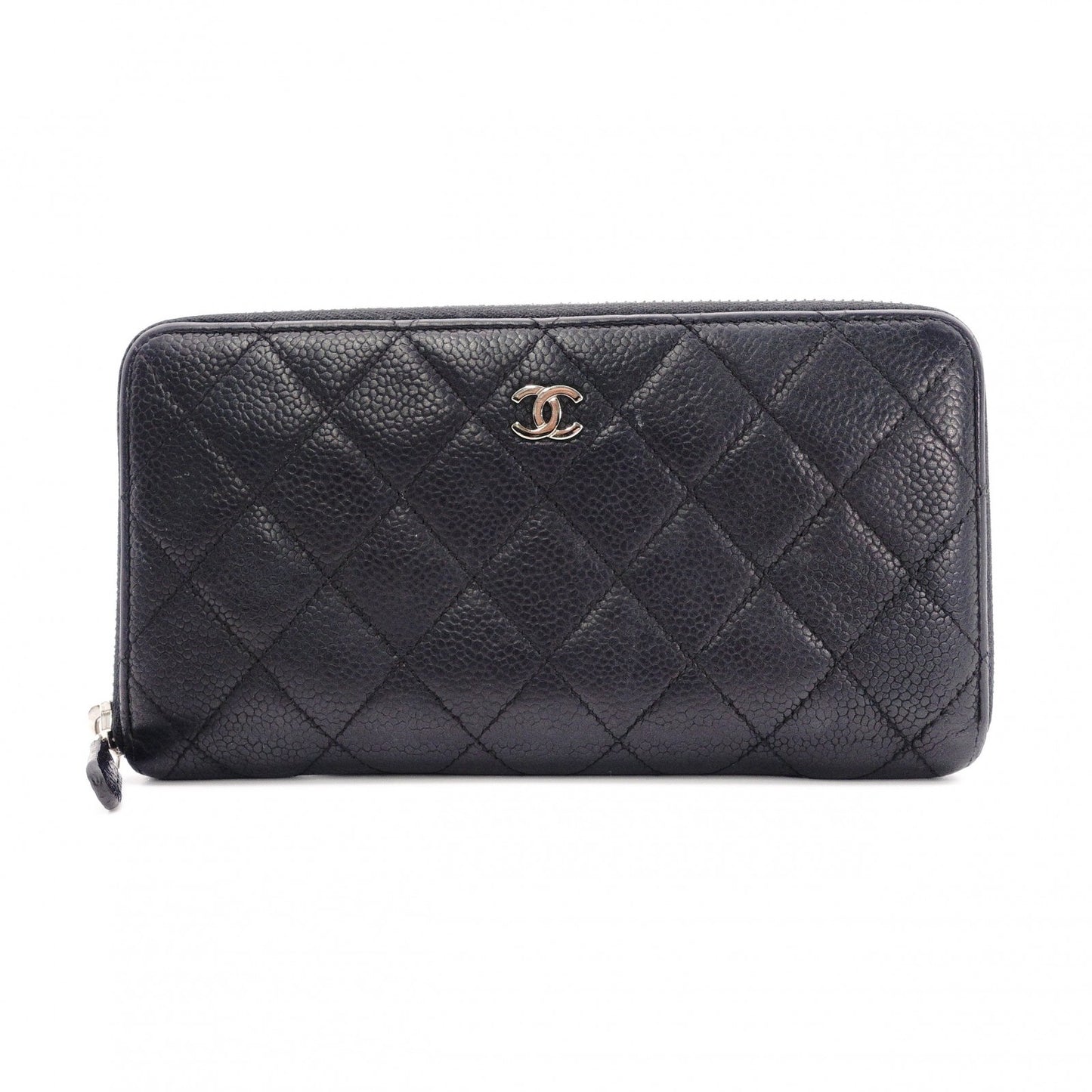 CHANEL Round Fastener Matelassé Long Wallet Leather Black