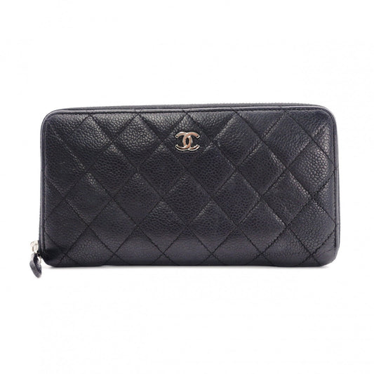 CHANEL Round Fastener Matelassé Long Wallet Leather Black