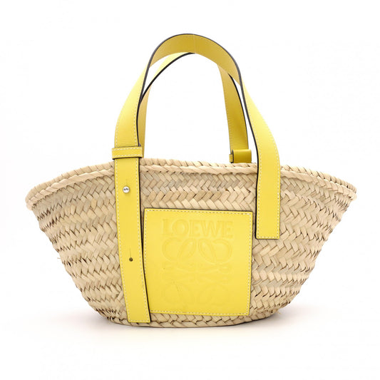 LOEWE Basket Handbag Leather/Raffia Beige Yellow