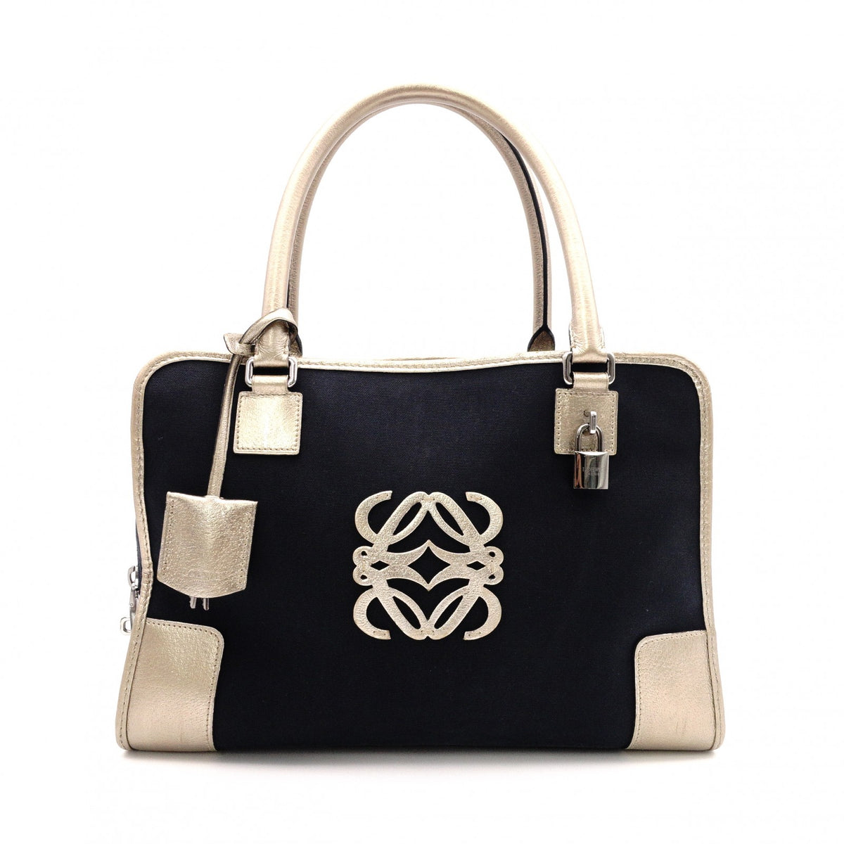 LOEWE Amazona 36 Boston Handbag, Canvas/Leather, Black/Gold, Silver Hardware, Women's