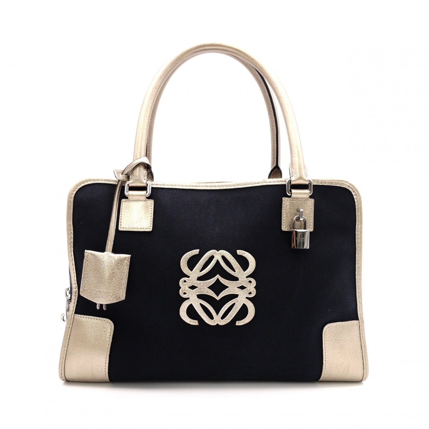 LOEWE Amazona 36 Boston Handbag, Canvas/Leather, Black/Gold, Silver Hardware, Women's