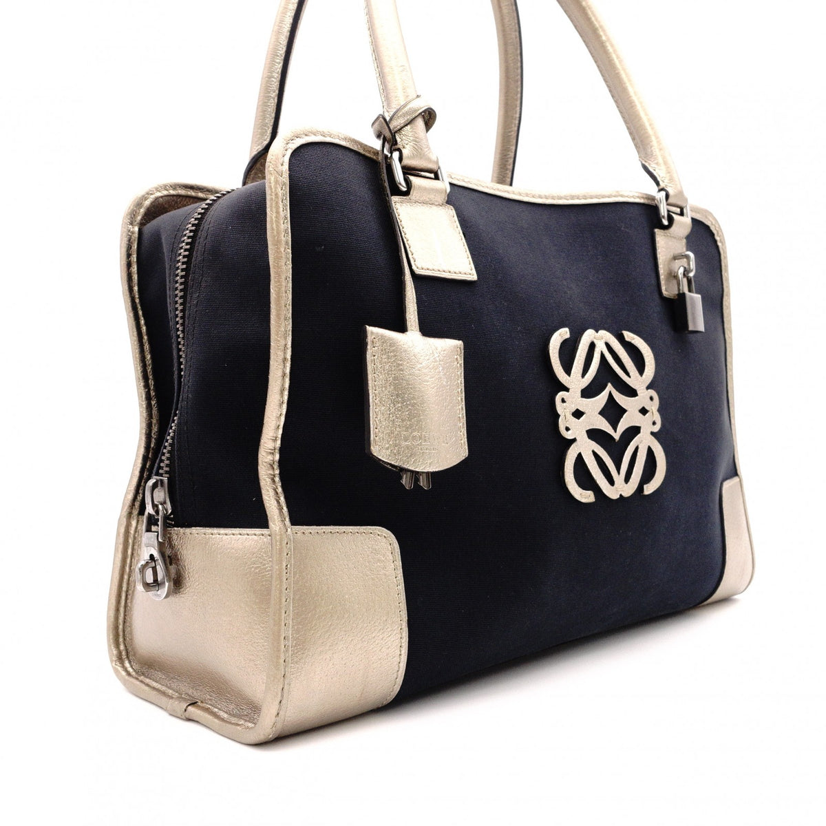 LOEWE Amazona 36 Boston Handbag, Canvas/Leather, Black/Gold, Silver Hardware, Women's