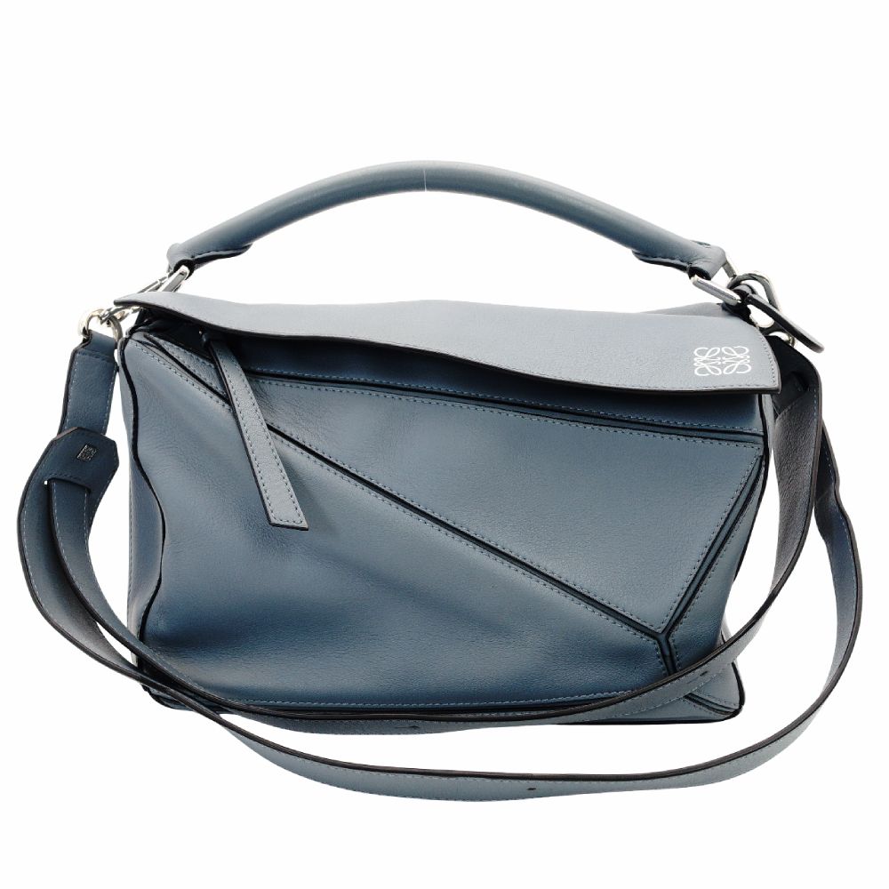 LOEWE Puzzle Bag Medium Handbag Leather Light Blue 2-Way Shoulder Bag Silver Hardware 7-10-328