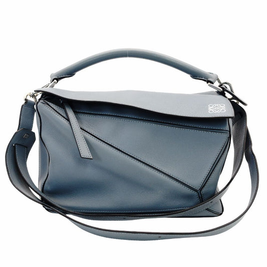 LOEWE Puzzle Bag Medium Handbag Leather Light Blue 2-Way Shoulder Bag Silver Hardware 7-10-328