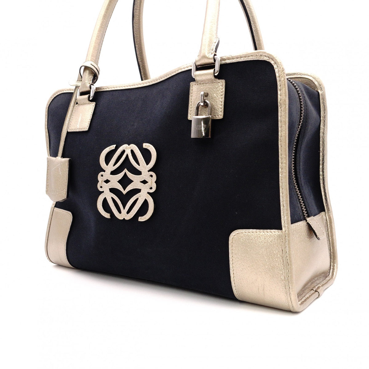 LOEWE Amazona 36 Boston Handbag, Canvas/Leather, Black/Gold, Silver Hardware, Women's
