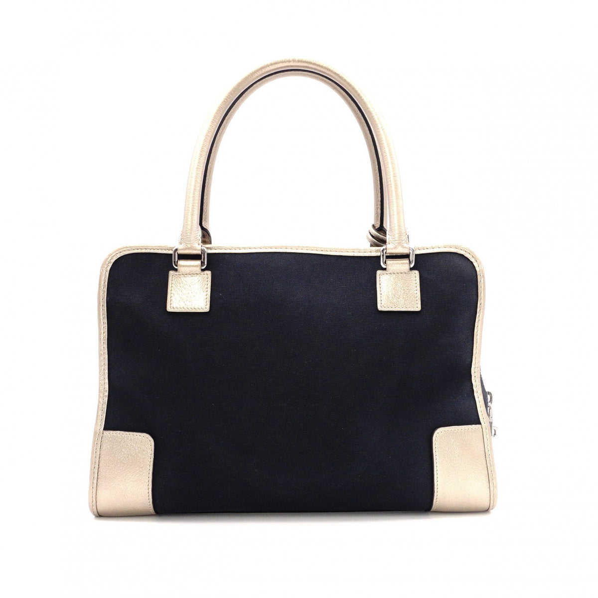 LOEWE Amazona 36 Boston Handbag, Canvas/Leather, Black/Gold, Silver Hardware, Women's